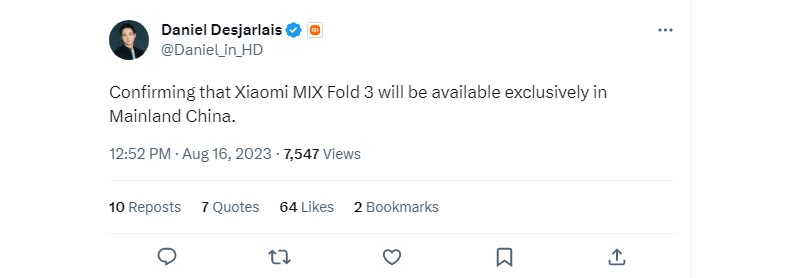 Daniel Desjarlais Confirming Fold 3 will be available exclusively in Mainland China.