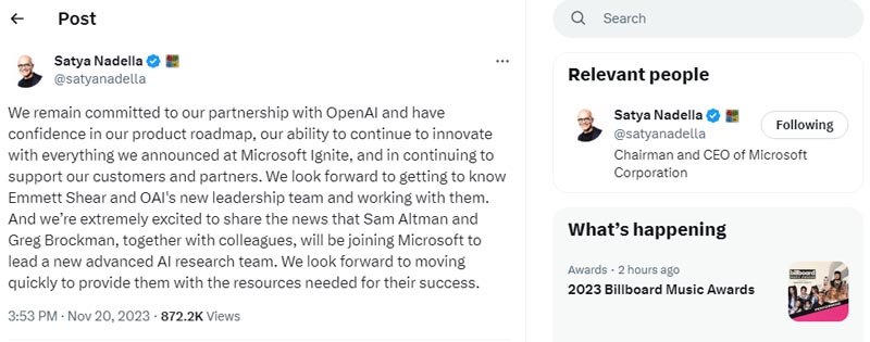 Satya Nadella Confirms Altman and Brockman Joining to Microsoft 